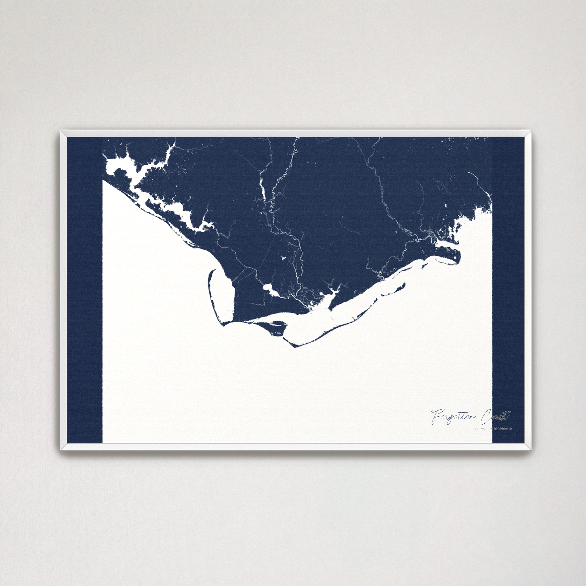 Forgotten Coast Coastal Map — Canvas Horizontal, navy, White Frame