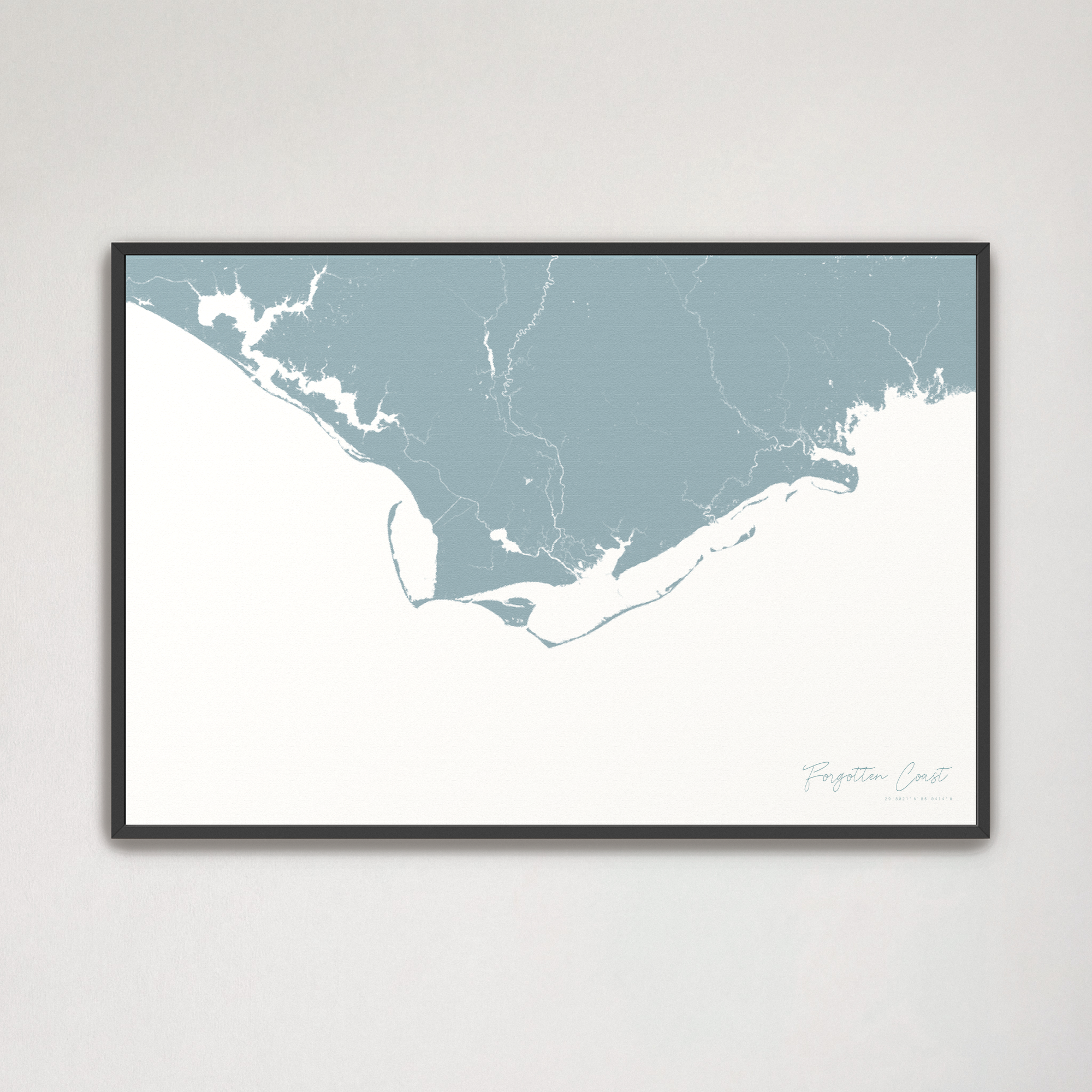 Forgotten Coast Coastal Map — Canvas Horizontal, soft-blue, Black Frame