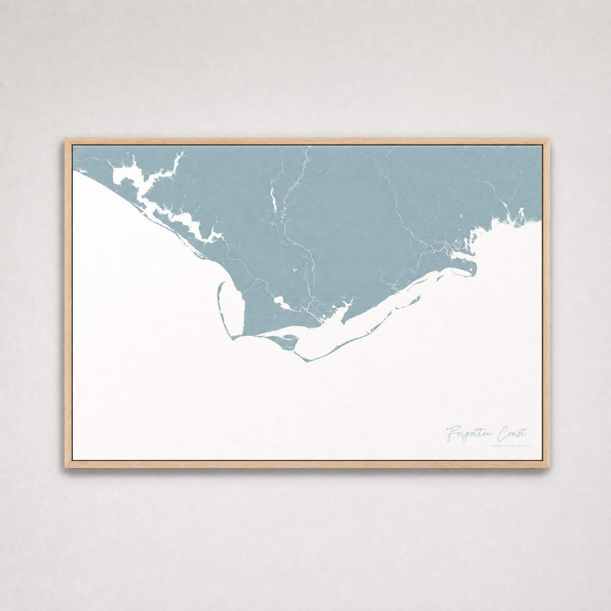 Forgotten Coast Coastal Map — Canvas Horizontal — soft-blue, Light Wood