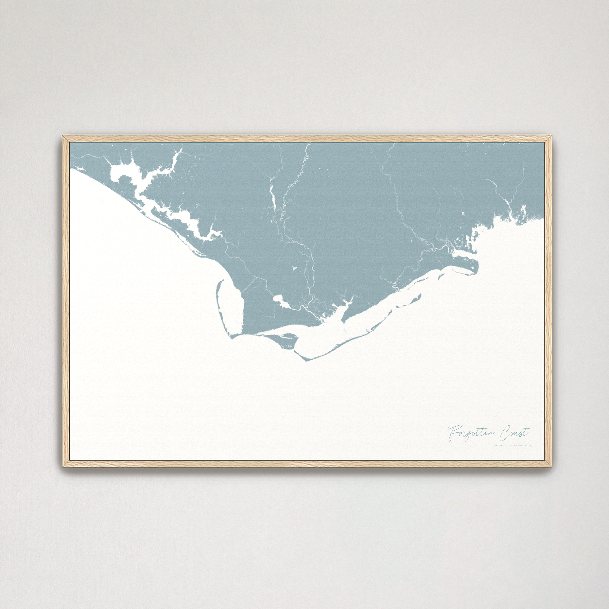Forgotten Coast Coastal Map — Canvas Horizontal, soft-blue, Natural Oak