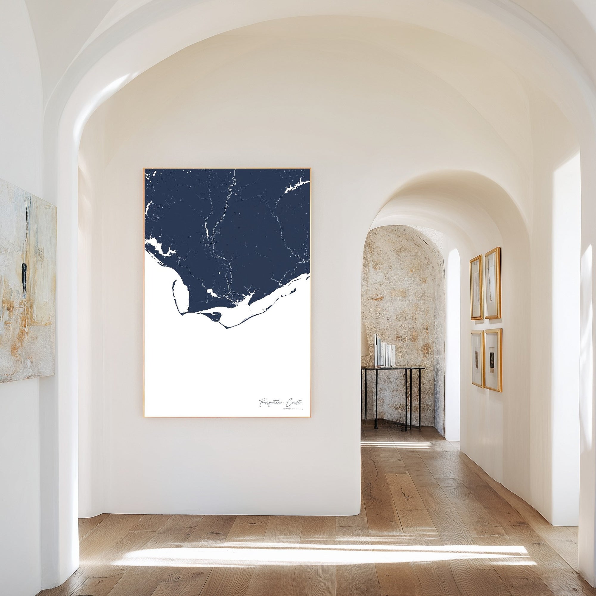 Forgotten Coast navy vertical canvas map in the Bello mixed room scene