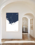 Forgotten Coast navy vertical canvas map in the Bello mixed room scene