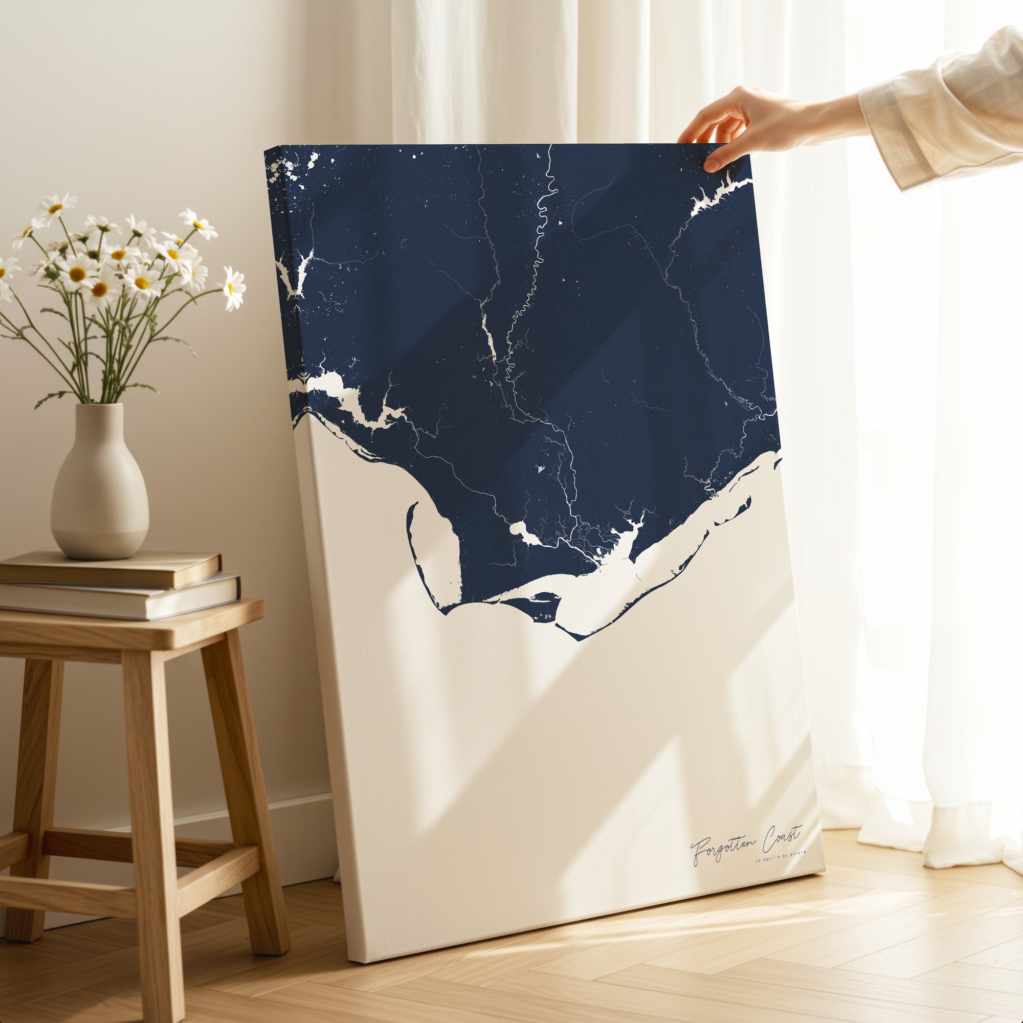Forgotten Coast navy vertical wrapped canvas map in the ratio 2:3 hand mockup