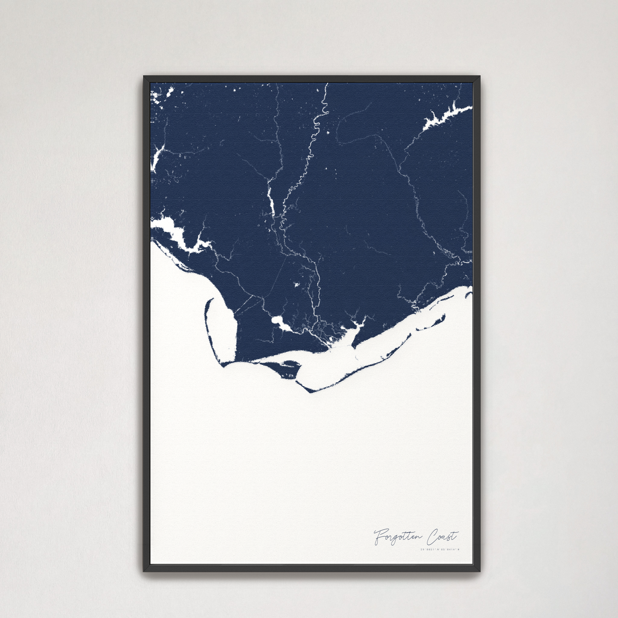 Forgotten Coast Coastal Map — Canvas Vertical, navy, Black Frame