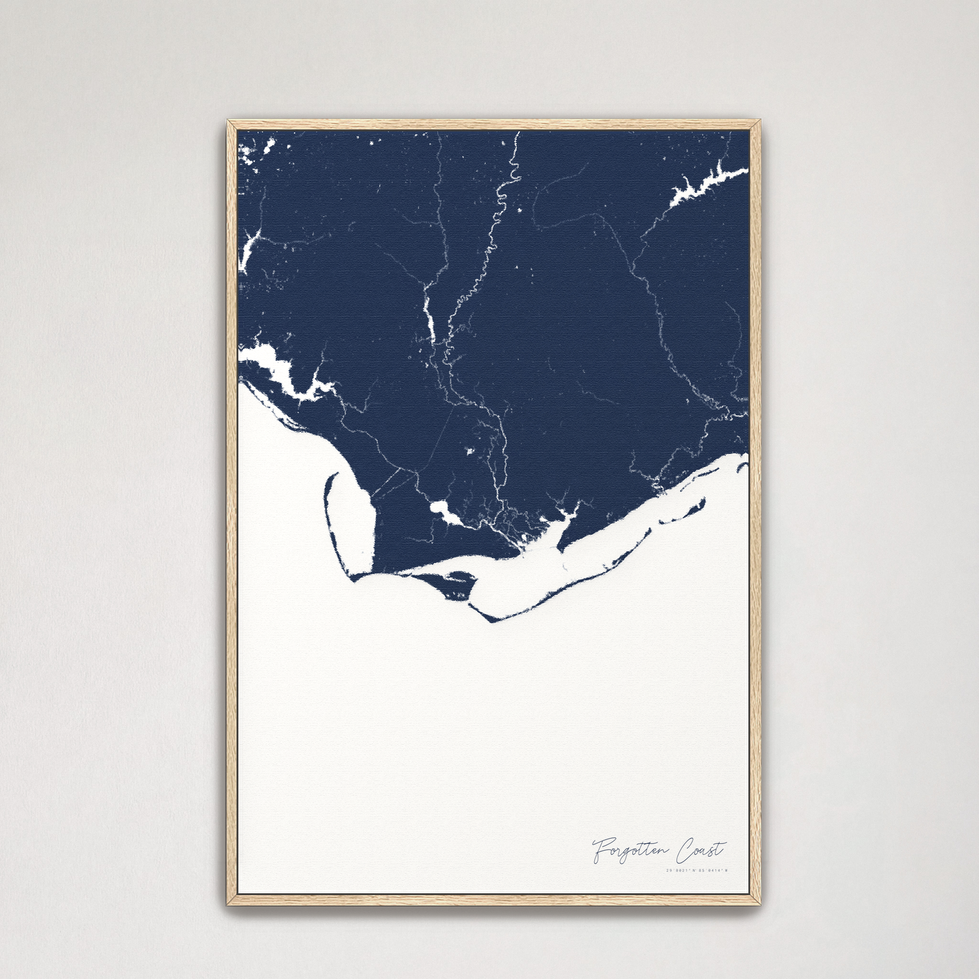 Forgotten Coast Coastal Map — Canvas Vertical, navy, Natural Oak