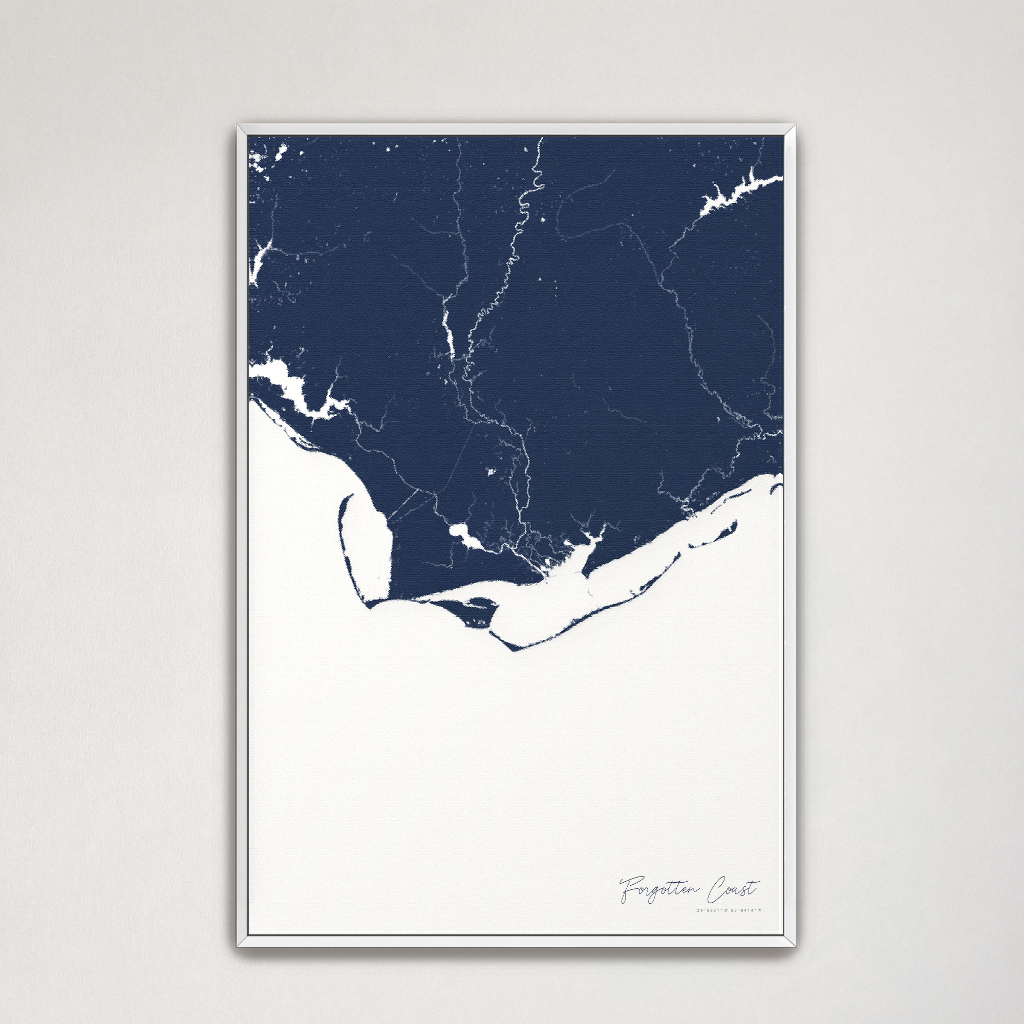 Forgotten Coast Coastal Map — Canvas Vertical, navy, White Frame