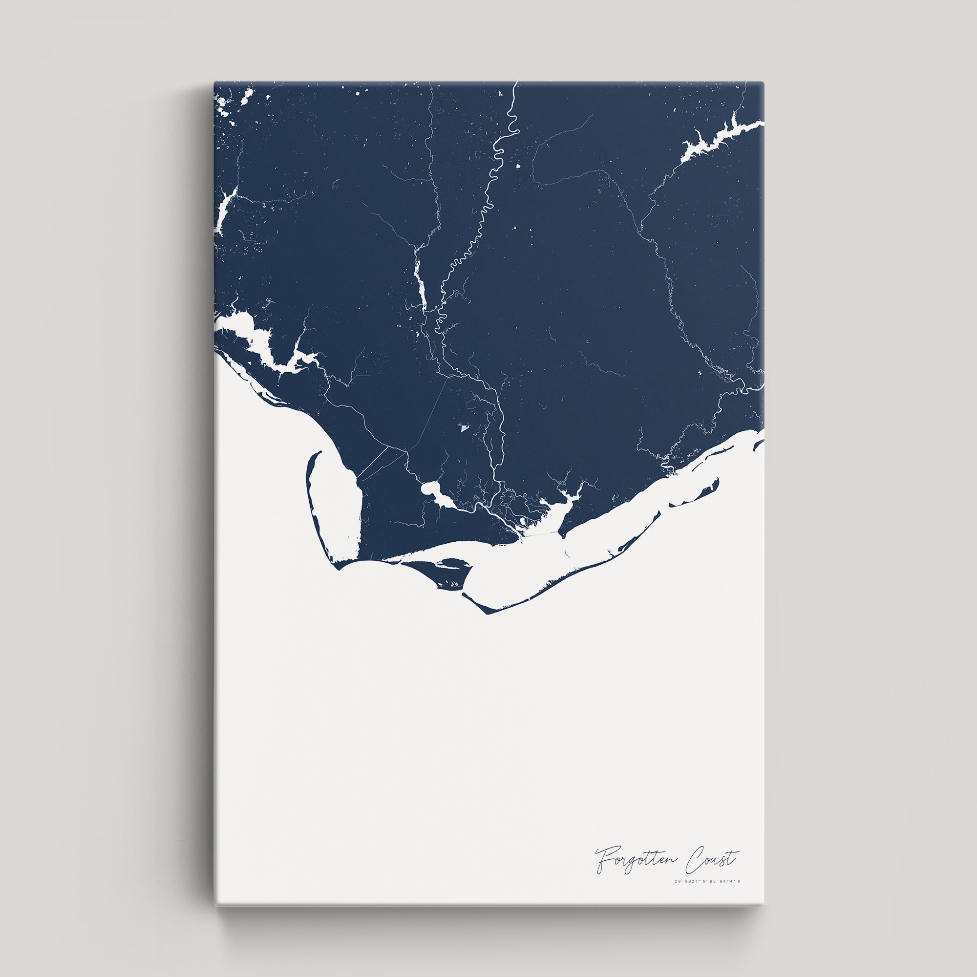 Forgotten Coast Coastal Map — Canvas Vertical, navy, No Frame