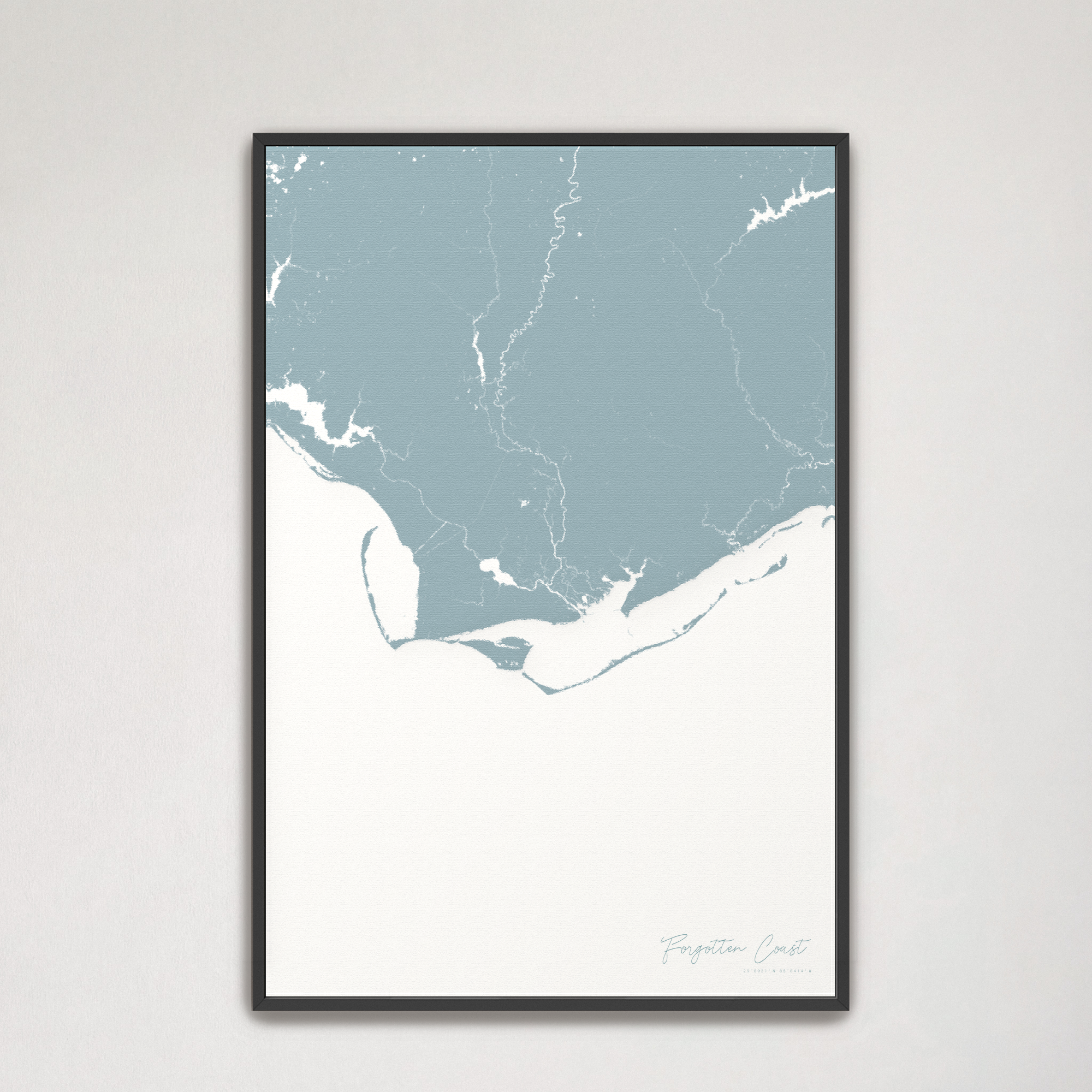 Forgotten Coast Coastal Map — Canvas Vertical, soft-blue, Black Frame