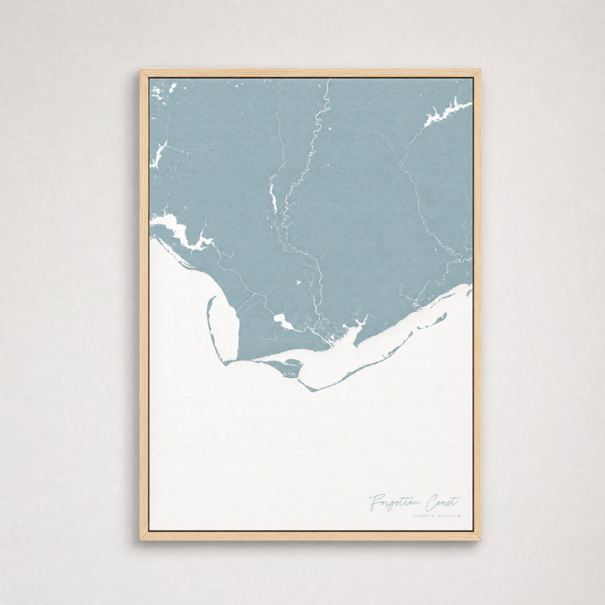 Forgotten Coast Coastal Map — Canvas Vertical — soft-blue, Light Wood