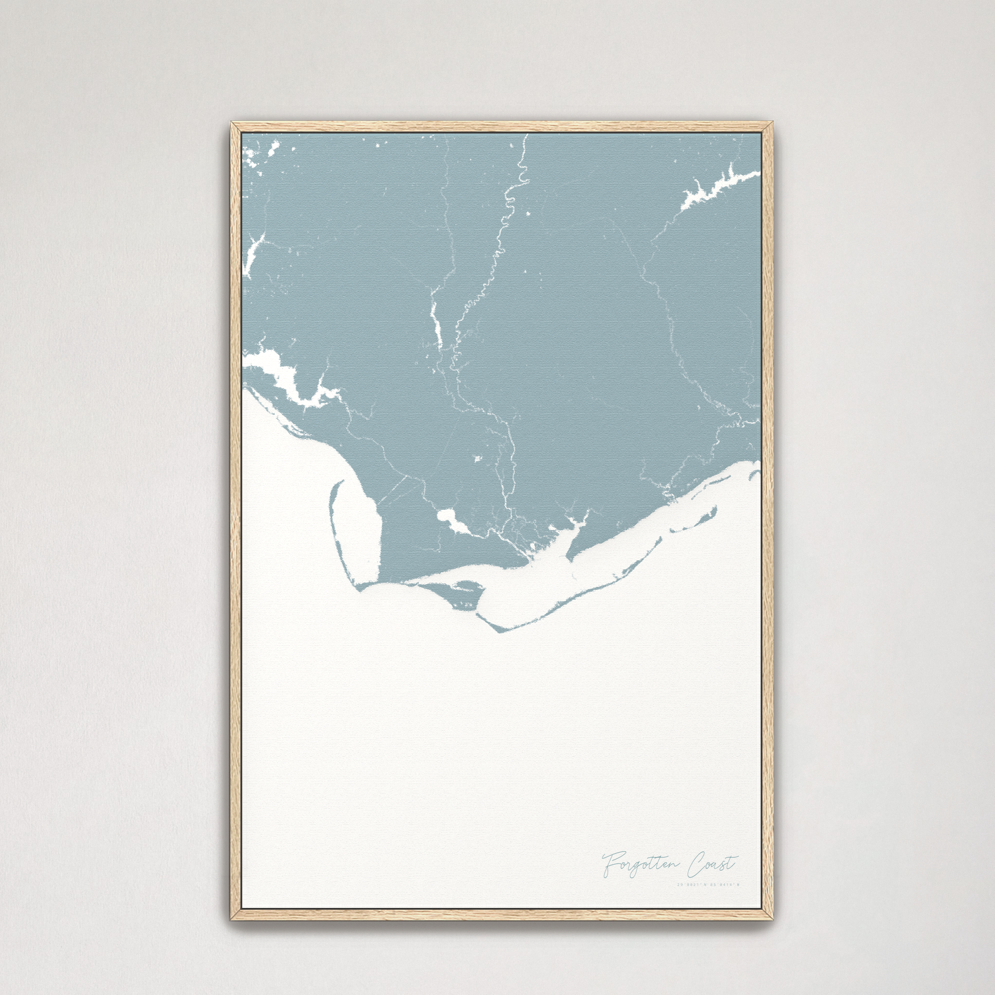 Forgotten Coast Coastal Map — Canvas Vertical, soft-blue, Natural Oak