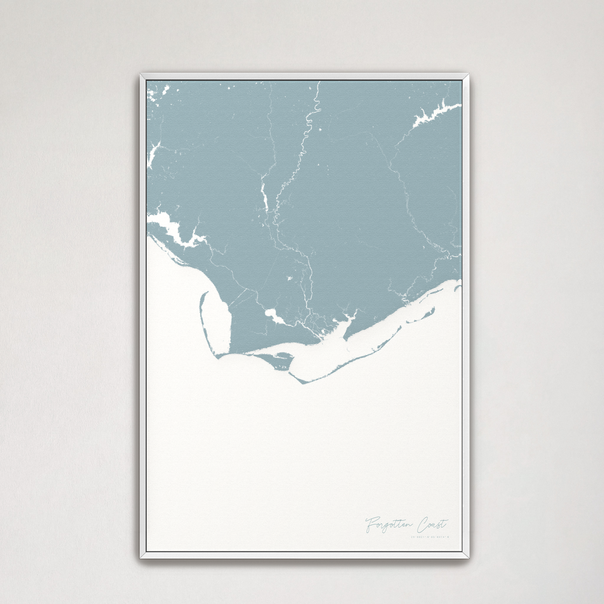 Forgotten Coast Coastal Map — Canvas Vertical, soft-blue, White Frame