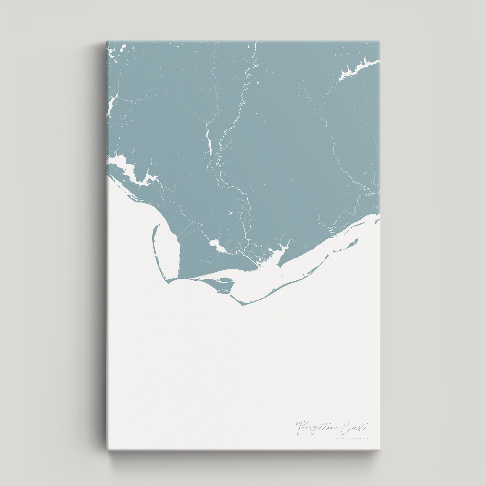 Forgotten Coast Coastal Map — Canvas Vertical, soft-blue, No Frame