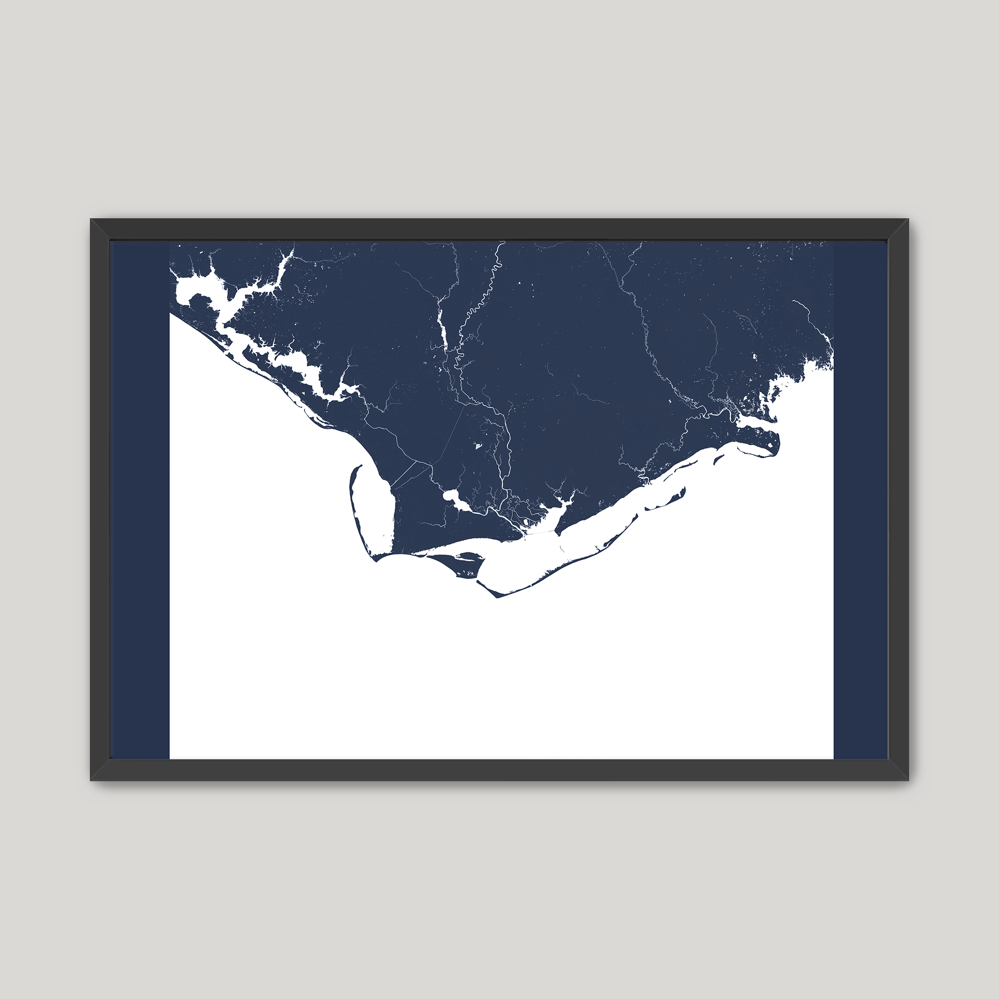Forgotten Coast Coastal Map — Fine Art Print Horizontal, navy, Black Frame, 10x8