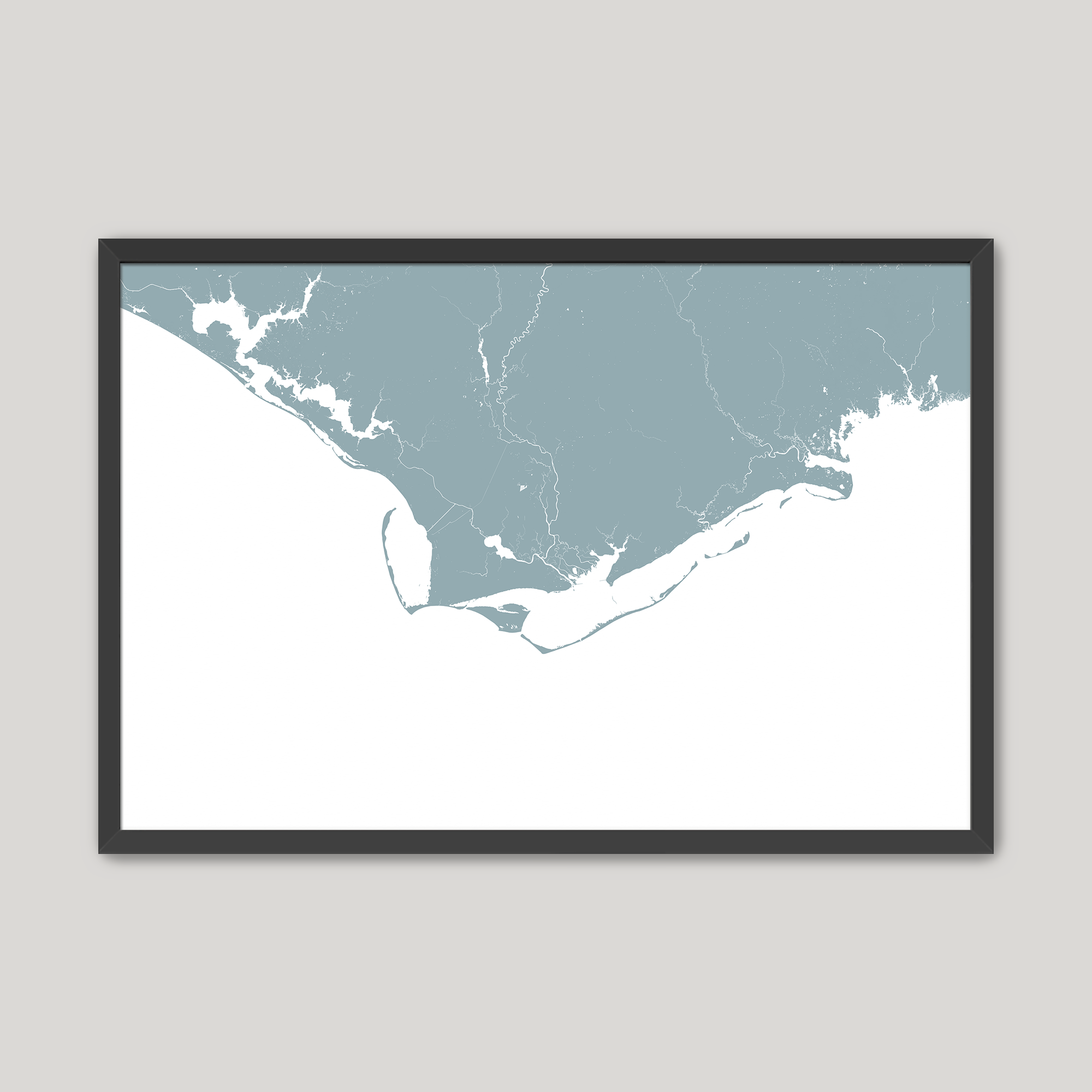 Forgotten Coast Coastal Map — Fine Art Print Horizontal, soft-blue, Black Frame, 10x8