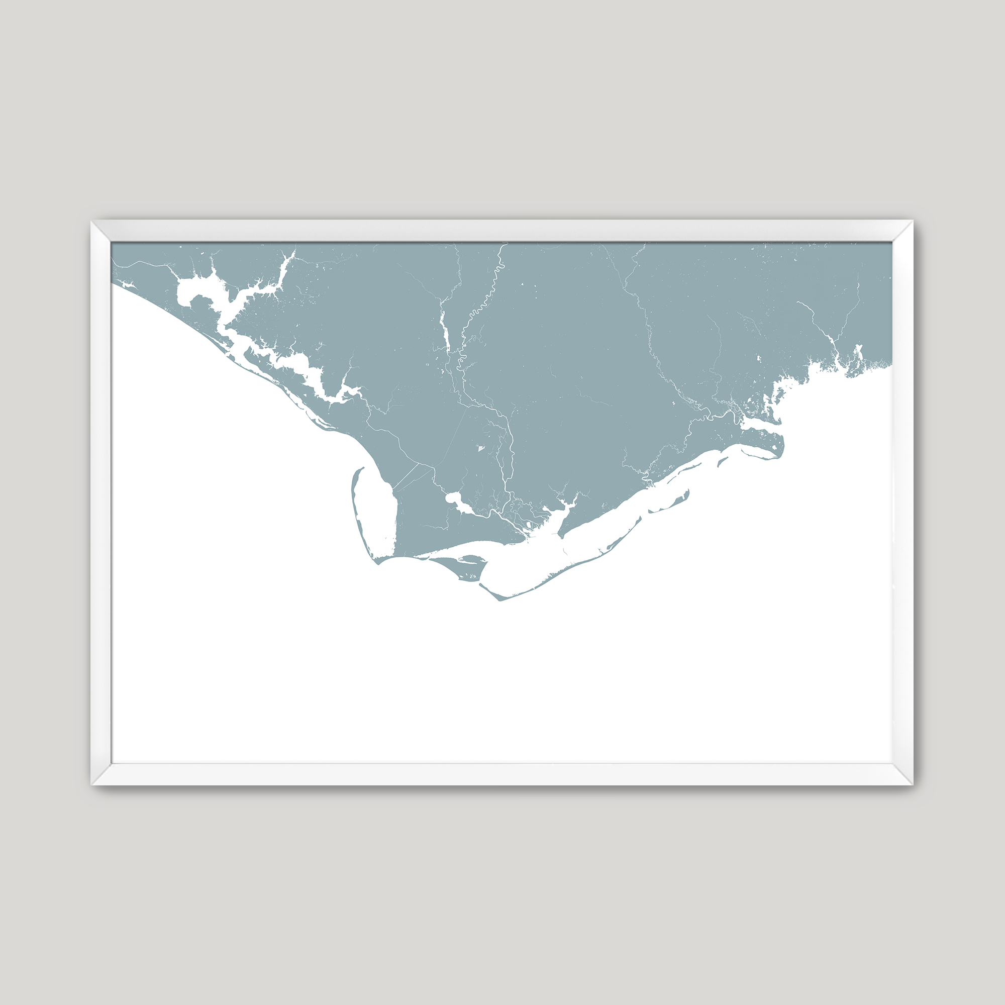Forgotten Coast Coastal Map — Fine Art Print Horizontal, soft-blue, White Frame, 10x8