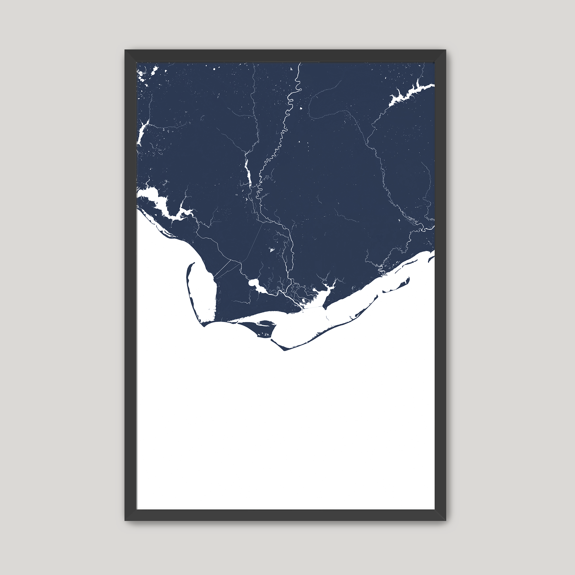 Forgotten Coast Coastal Map — Fine Art Print Vertical, navy, Black Frame, 8x10
