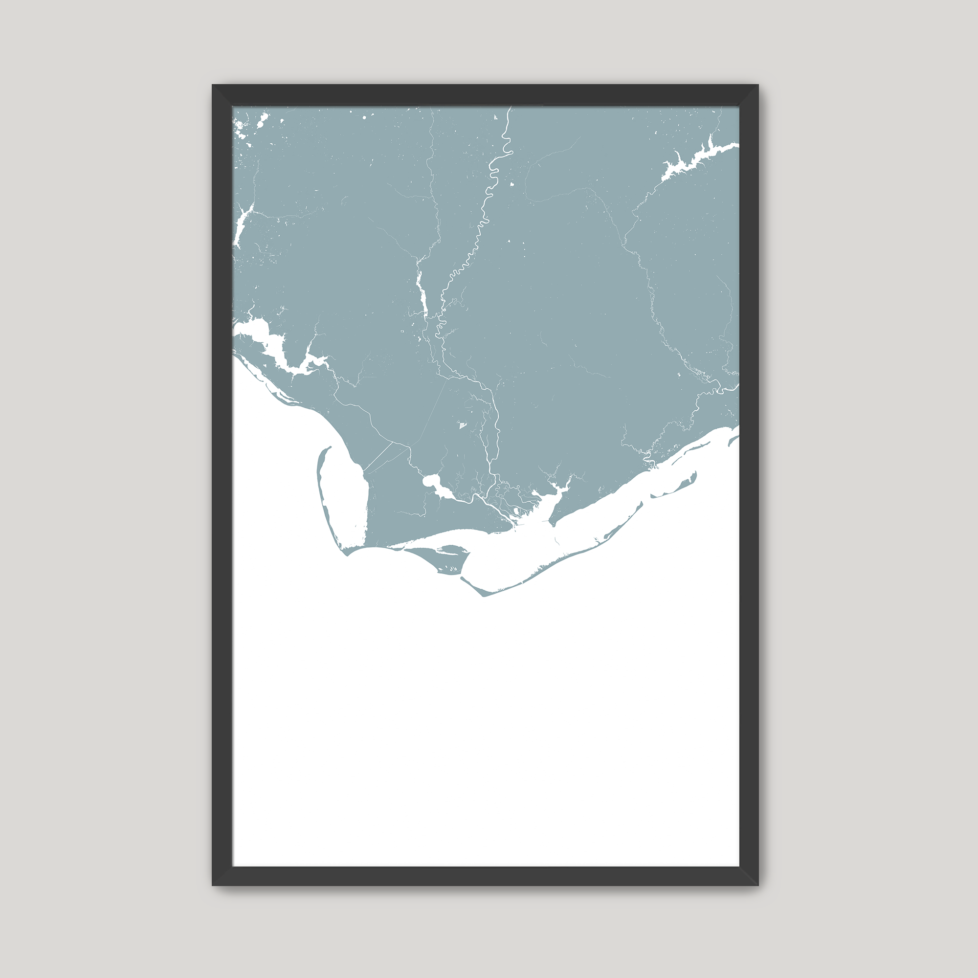 Forgotten Coast Coastal Map — Fine Art Print Vertical, soft-blue, Black Frame, 8x10