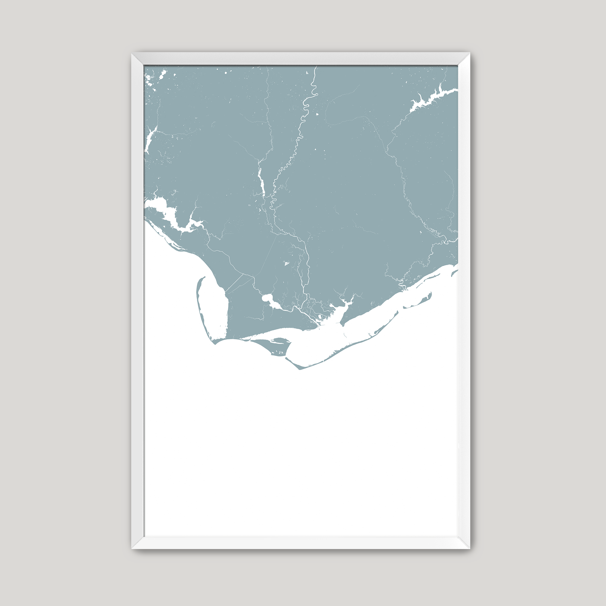Forgotten Coast Coastal Map — Fine Art Print Vertical, soft-blue, White Frame, 8x10