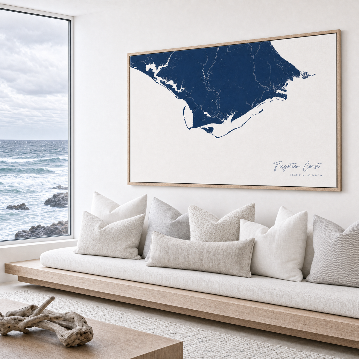 Forgotten Coast canvas map — sea-view bench interior