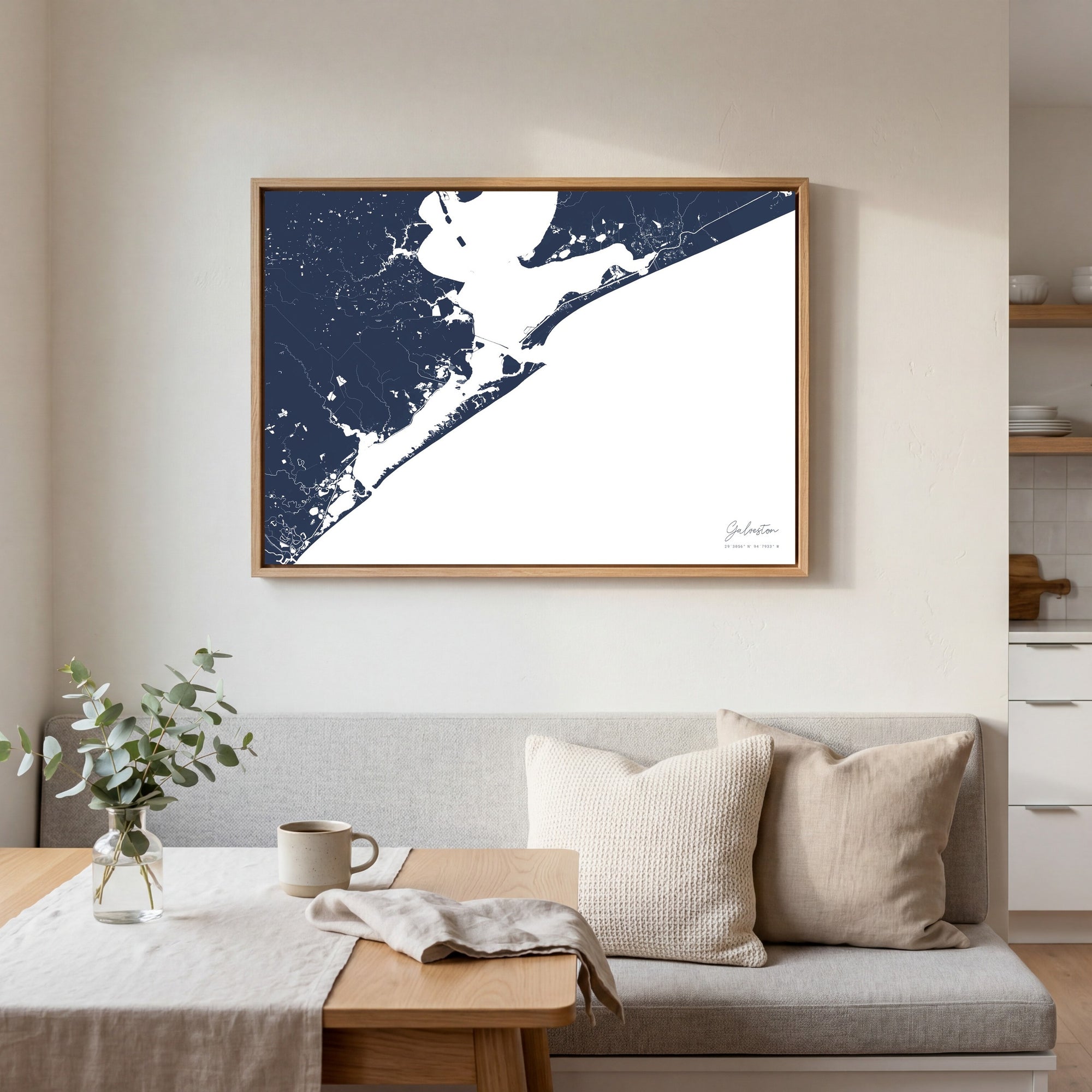 Galveston navy horizontal canvas map in an oak framed room scene