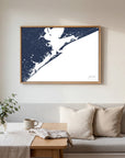 Galveston navy horizontal canvas map in an oak framed room scene
