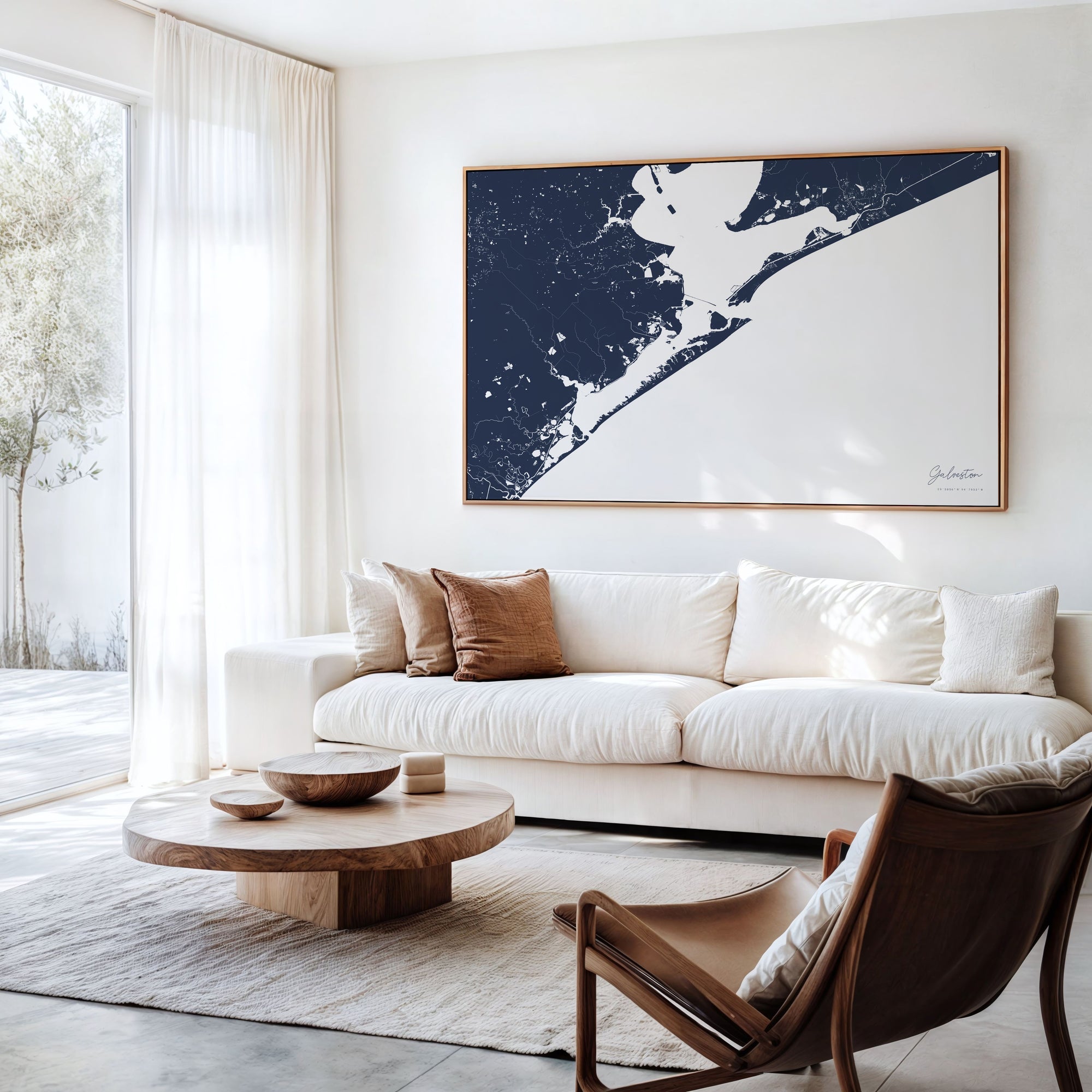 Galveston navy horizontal canvas map in an oak framed room scene