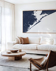 Galveston navy horizontal canvas map in an oak framed room scene