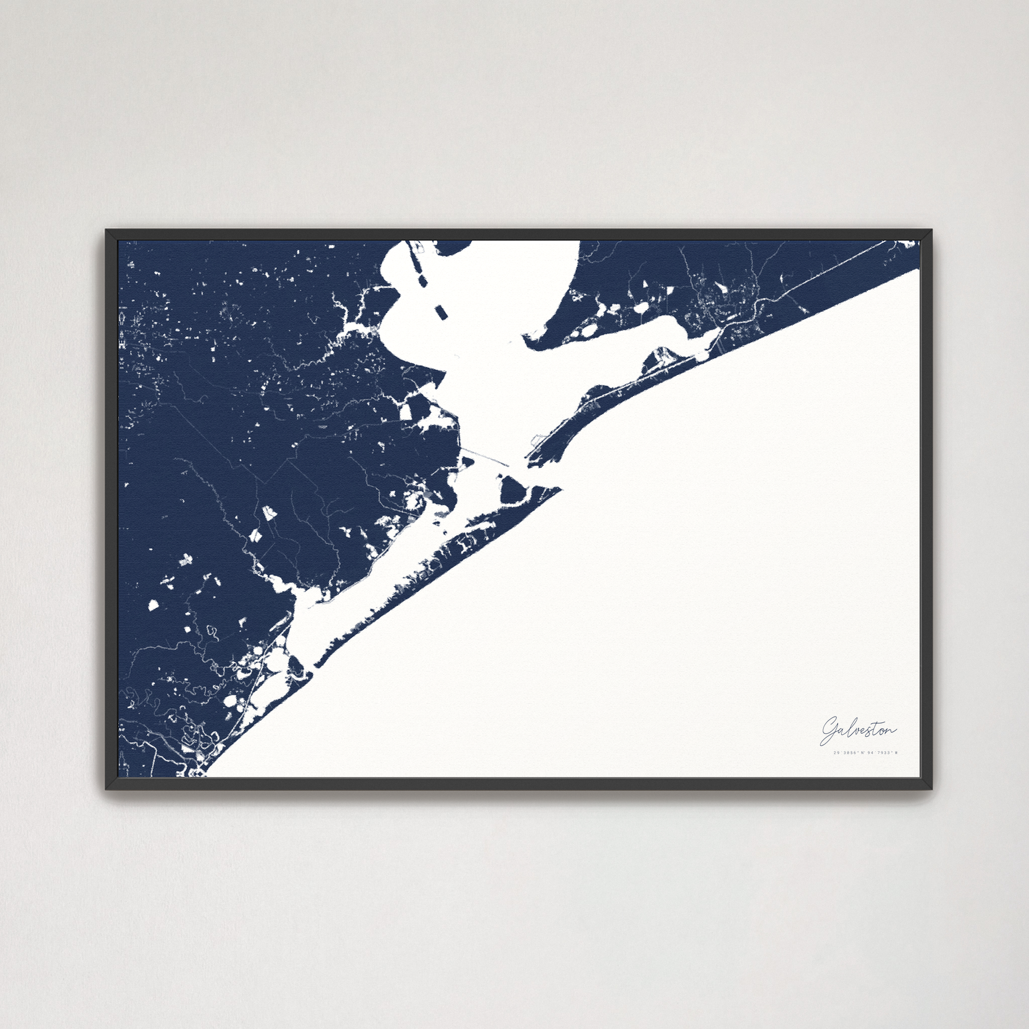 Galveston Coastal Map — Canvas Horizontal, navy, Black Frame