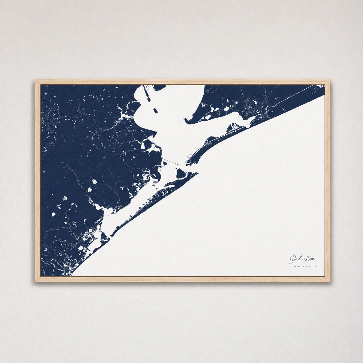 Galveston Coastal Map — Canvas Horizontal — navy, Light Wood