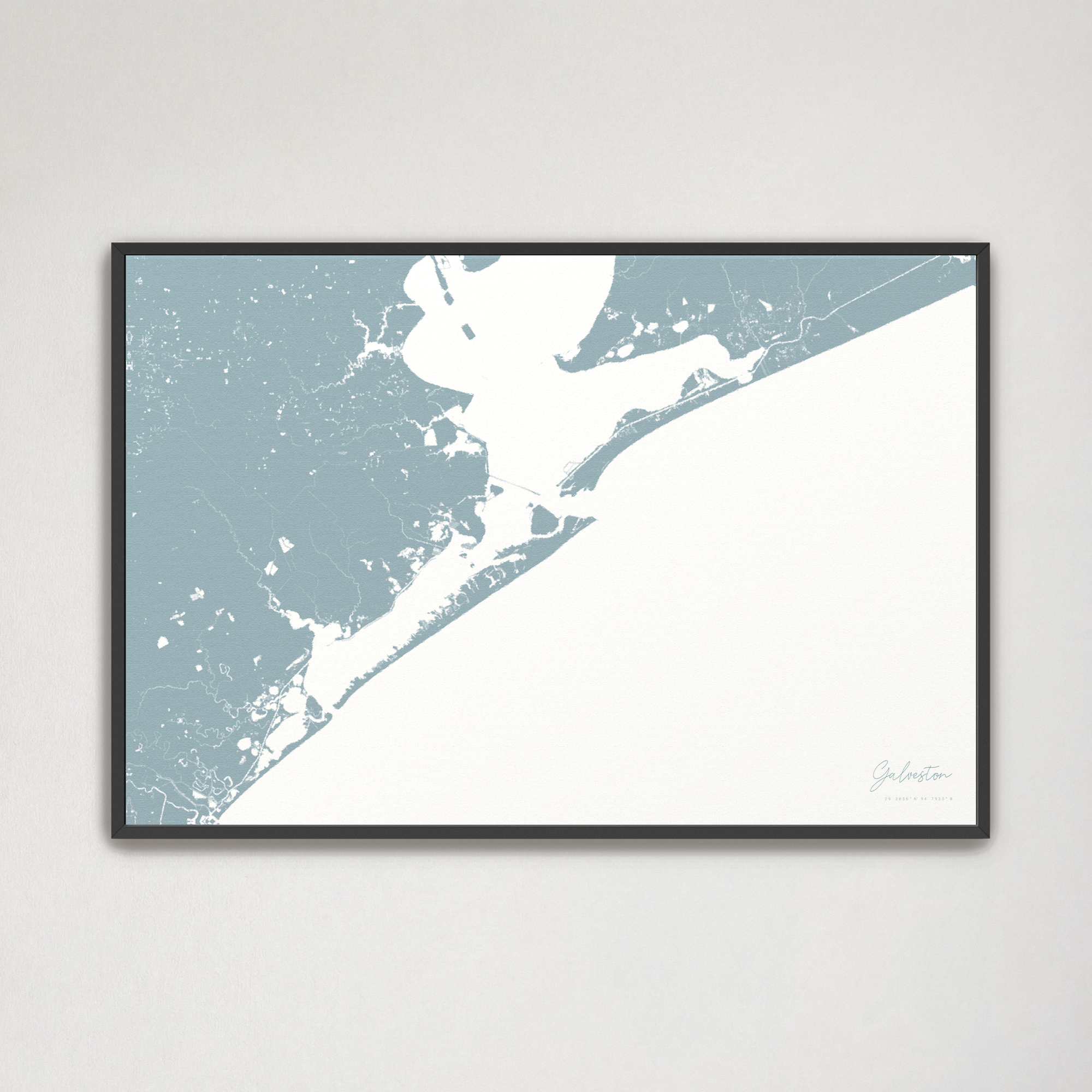 Galveston Coastal Map — Canvas Horizontal, soft-blue, Black Frame