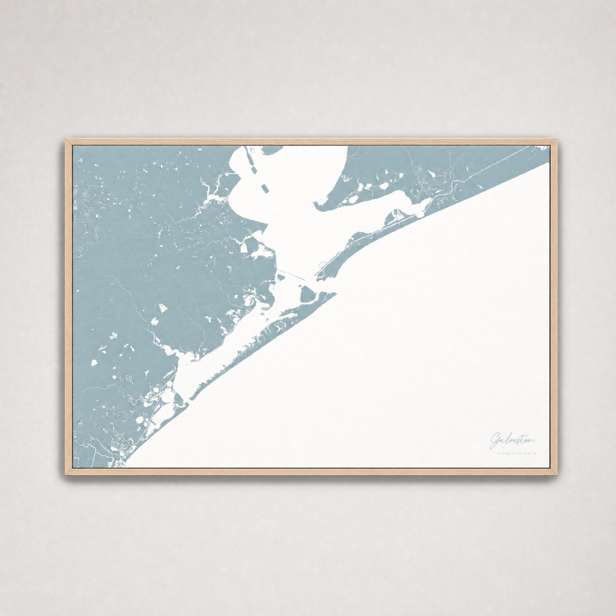 Galveston Coastal Map — Canvas Horizontal — soft-blue, Light Wood