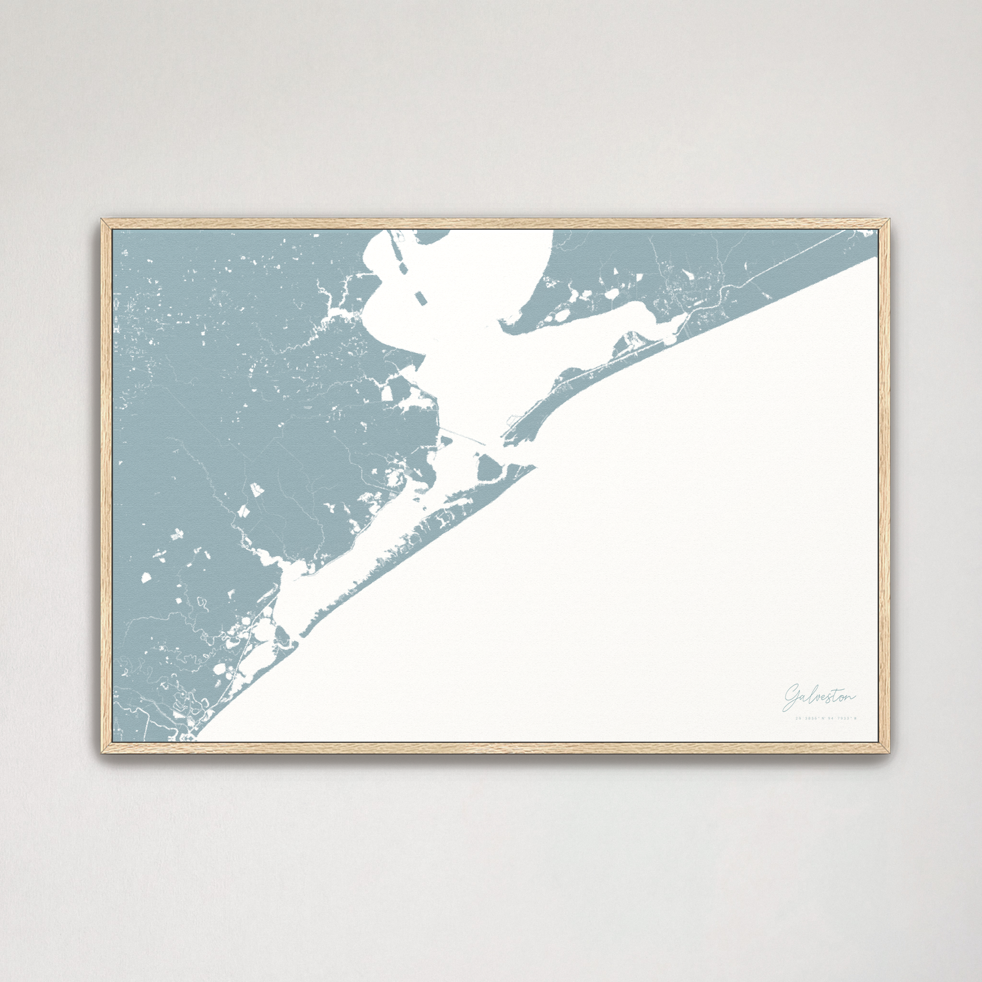 Galveston Coastal Map — Canvas Horizontal, soft-blue, Natural Oak