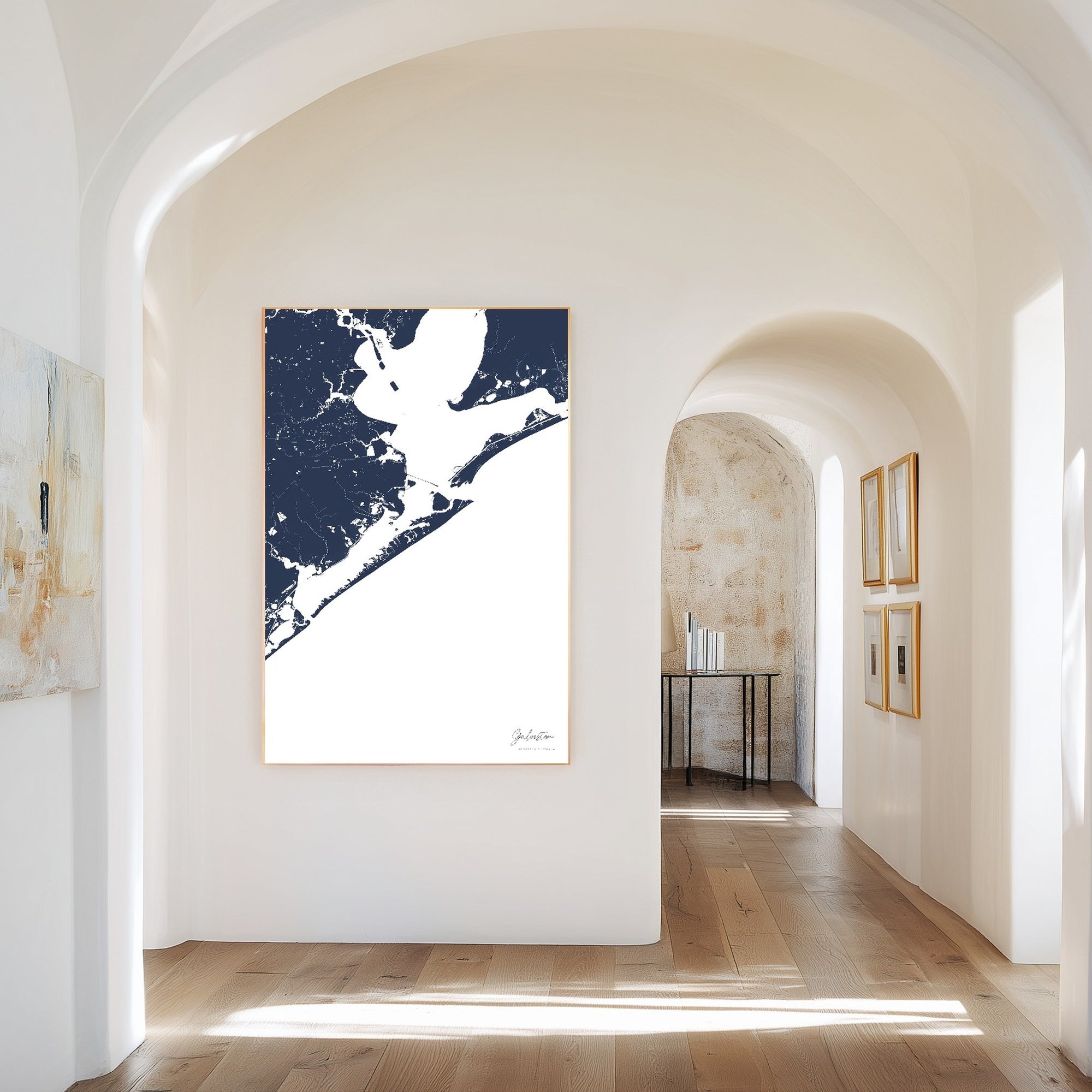 Galveston navy vertical canvas map in the Bello mixed room scene