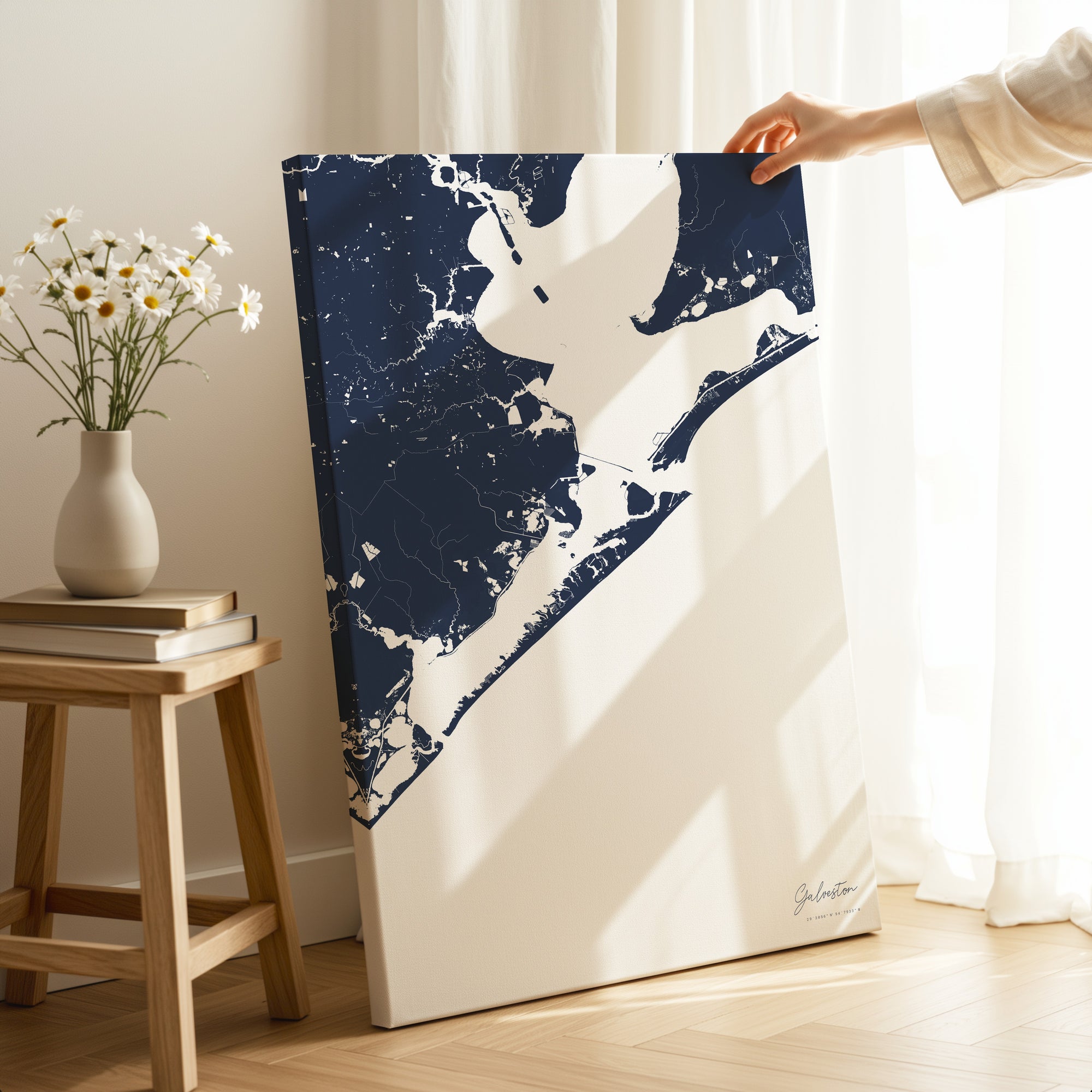 Galveston navy vertical wrapped canvas map in the ratio 2:3 hand mockup