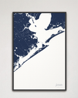 Galveston Coastal Map — Canvas Vertical, navy, Black Frame