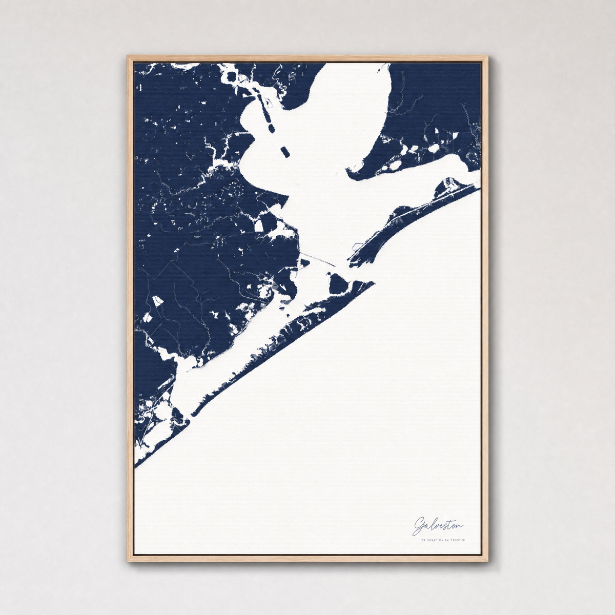 Galveston Coastal Map — Canvas Vertical — navy, Light Wood