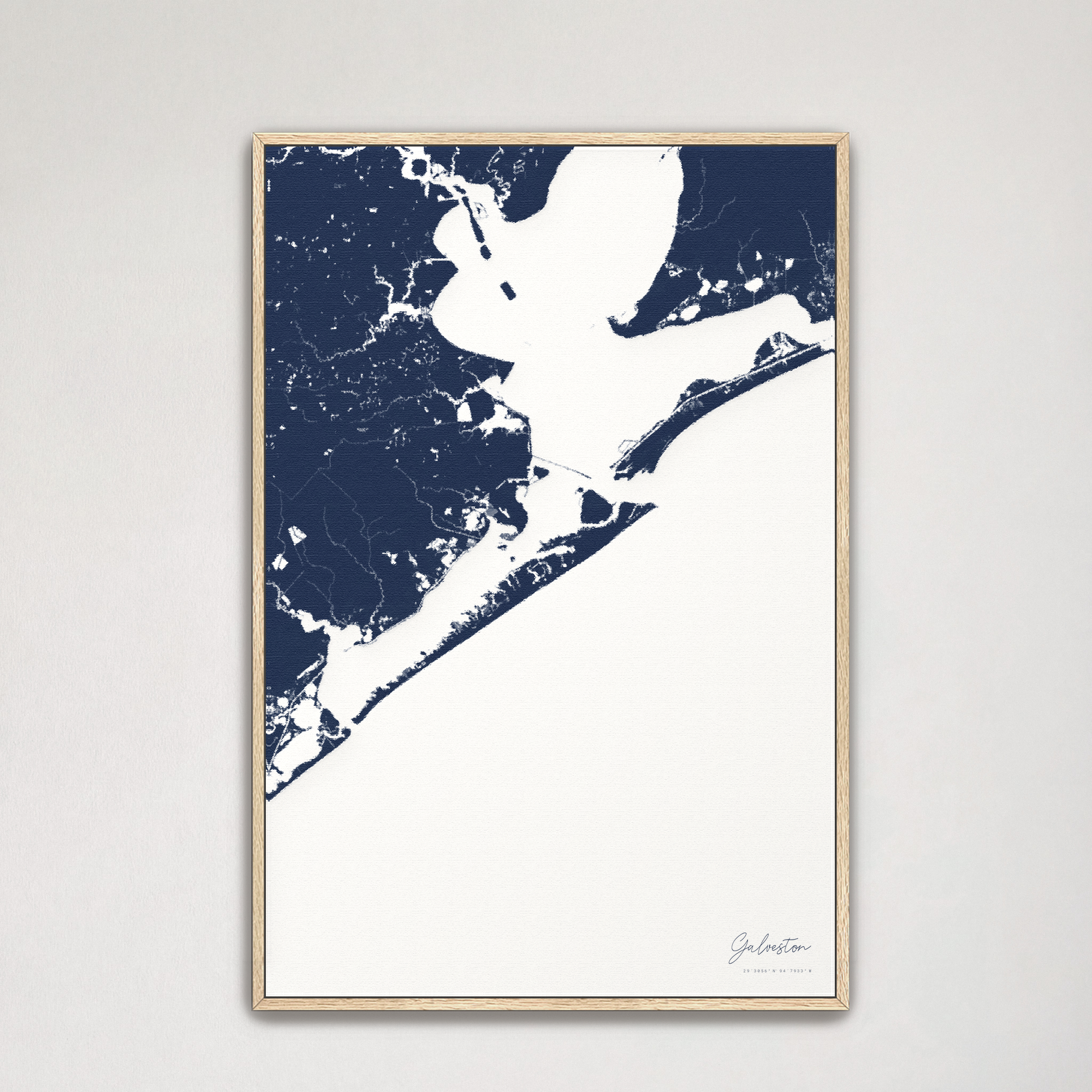 Galveston Coastal Map — Canvas Vertical, navy, Natural Oak