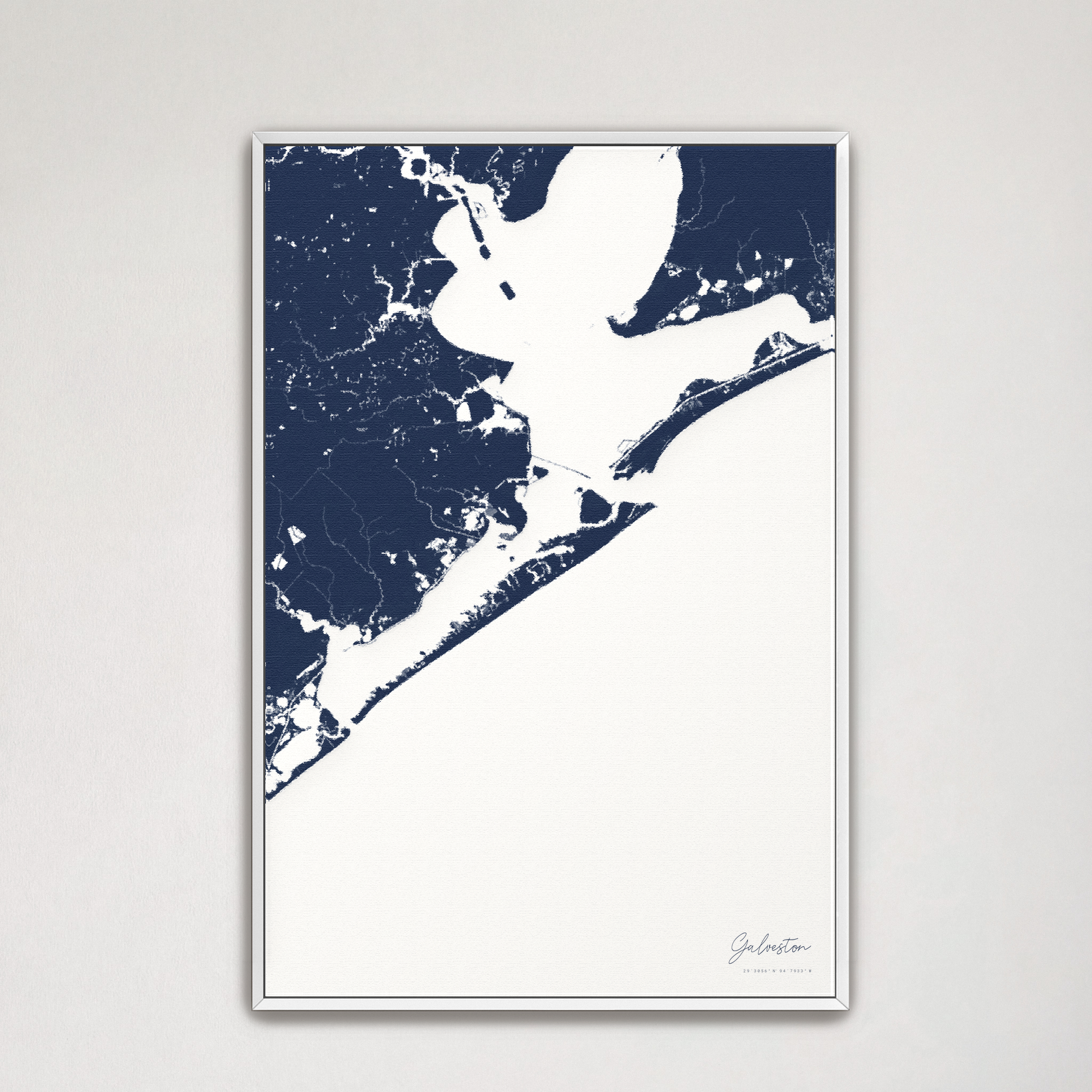 Galveston Coastal Map — Canvas Vertical, navy, White Frame