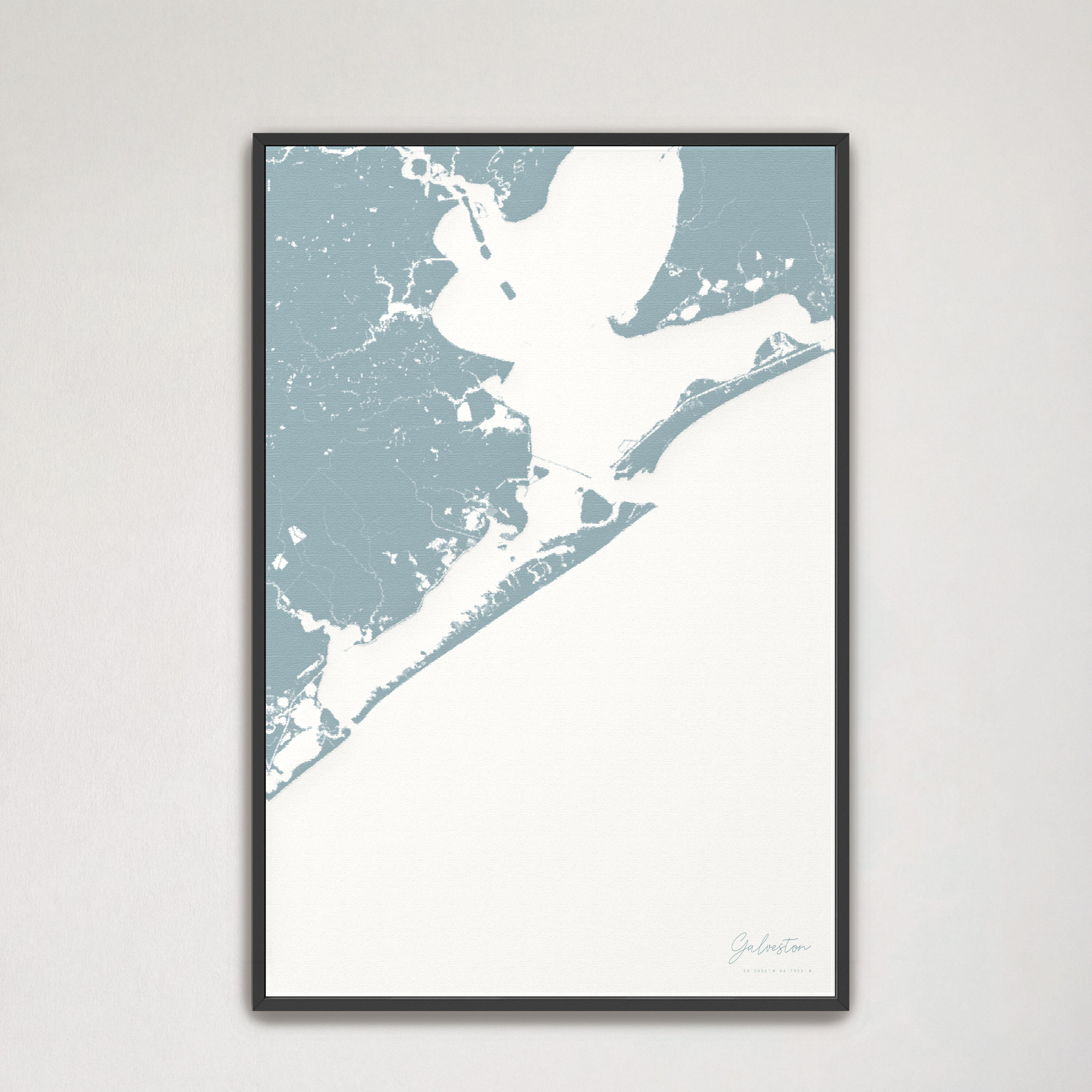 Galveston Coastal Map — Canvas Vertical, soft-blue, Black Frame