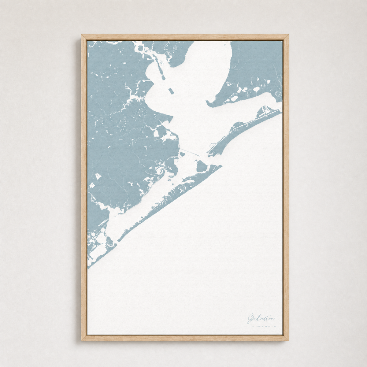 Galveston Coastal Map — Canvas Vertical — soft-blue, Light Wood