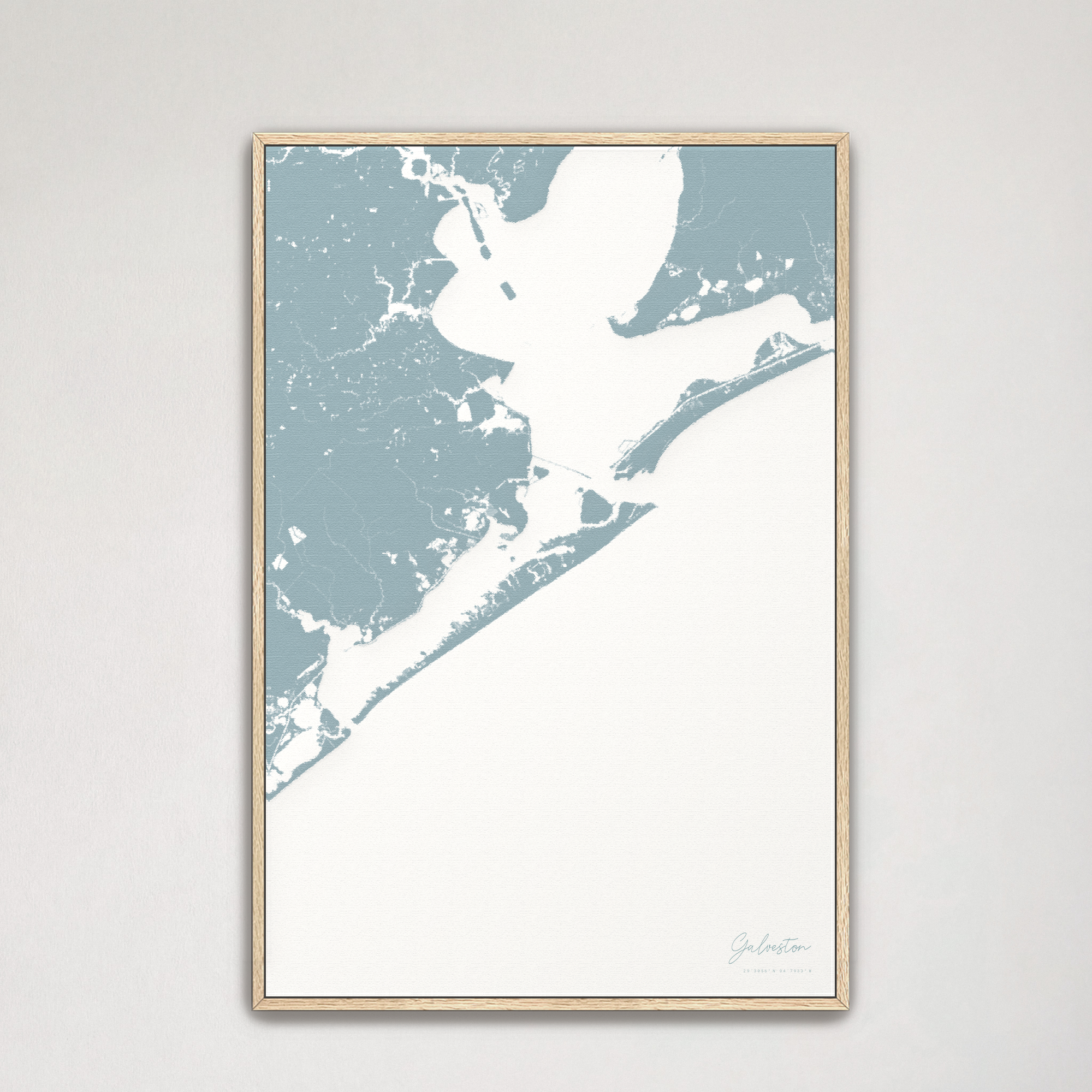 Galveston Coastal Map — Canvas Vertical, soft-blue, Natural Oak