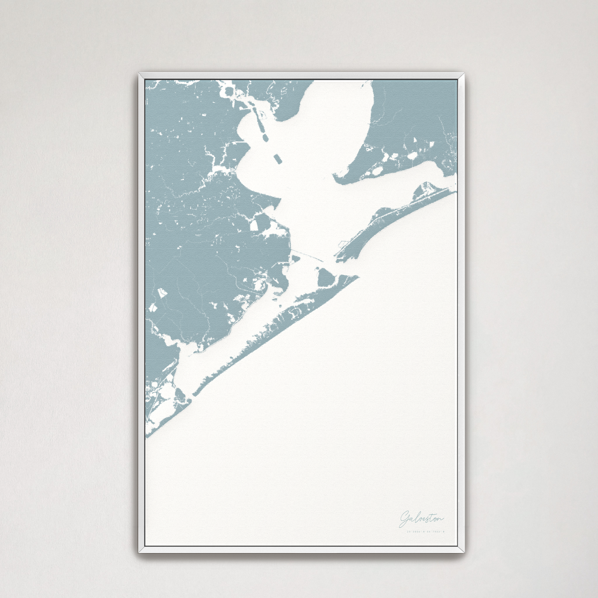 Galveston Coastal Map — Canvas Vertical, soft-blue, White Frame