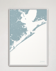 Galveston Coastal Map — Canvas Vertical, soft-blue, White Frame