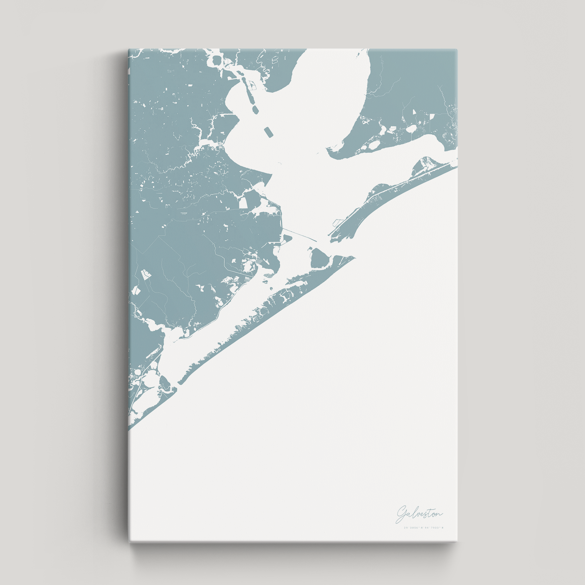 Galveston Coastal Map — Canvas Vertical, soft-blue, No Frame