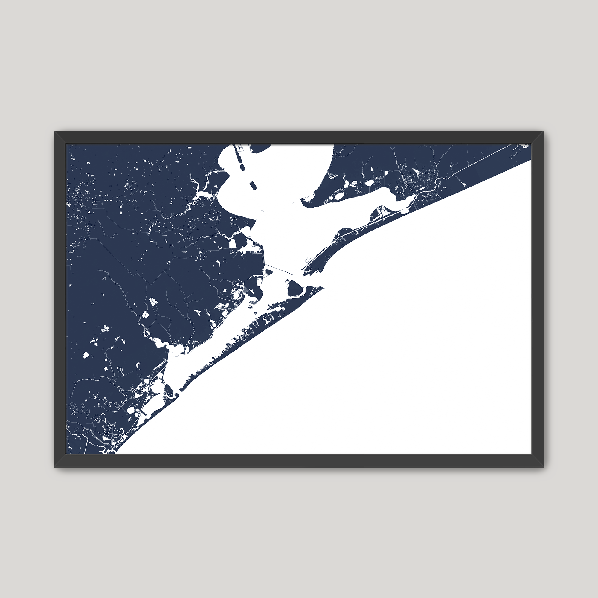 Galveston Coastal Map — Fine Art Print Horizontal, navy, Black Frame, 10x8
