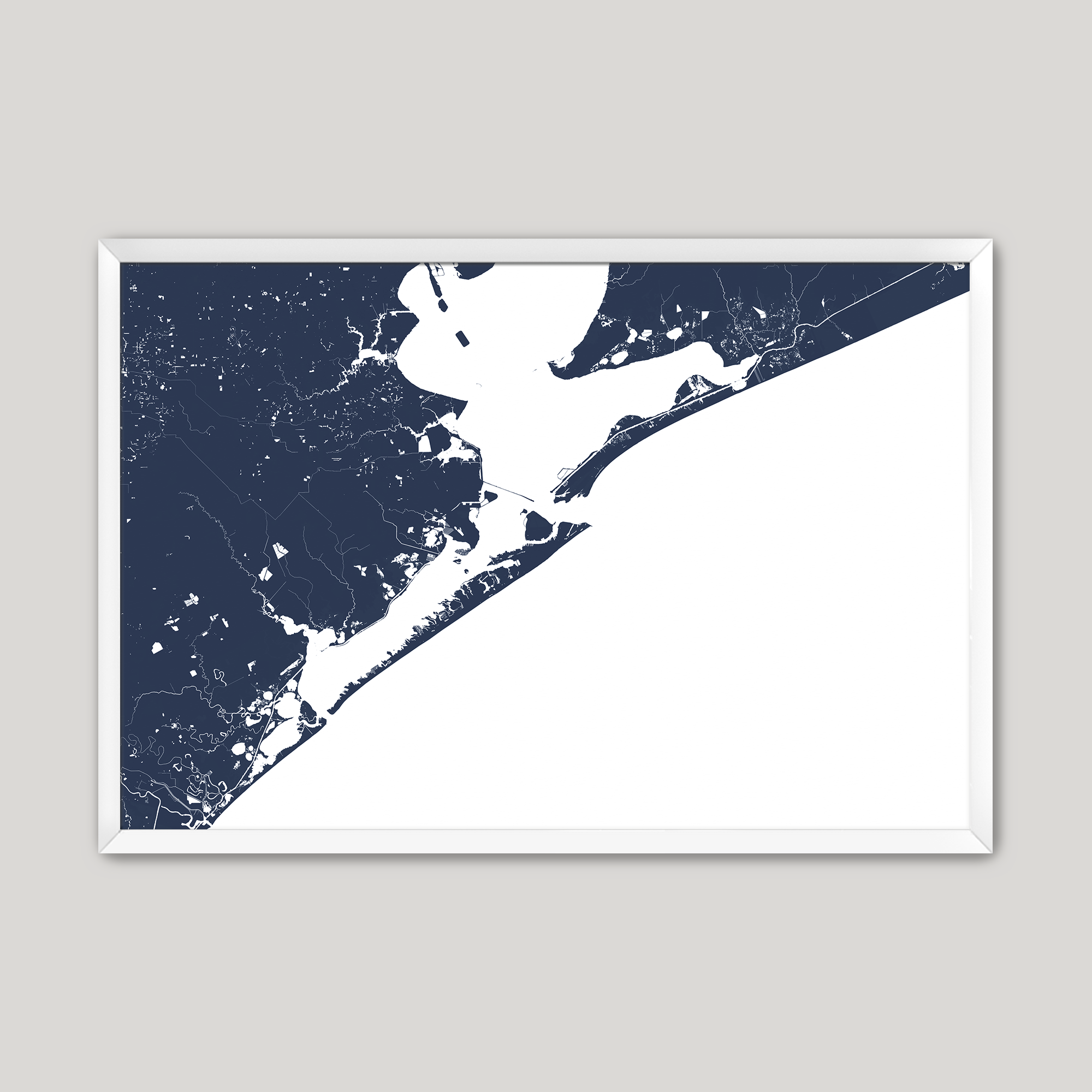 Galveston Coastal Map — Fine Art Print Horizontal, navy, White Frame, 10x8