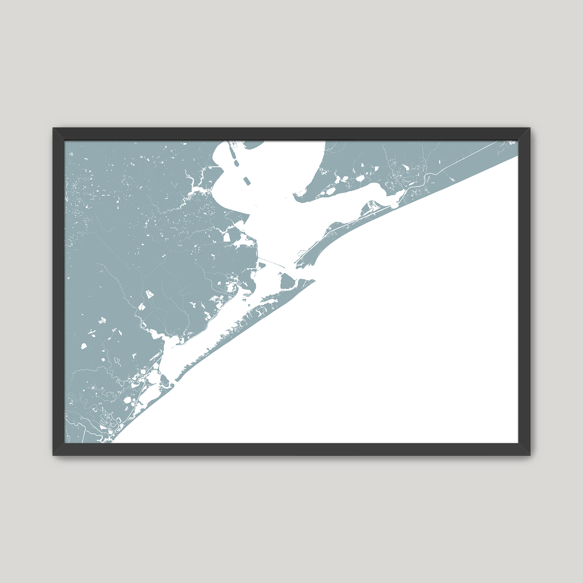 Galveston Coastal Map — Fine Art Print Horizontal, soft-blue, Black Frame, 10x8