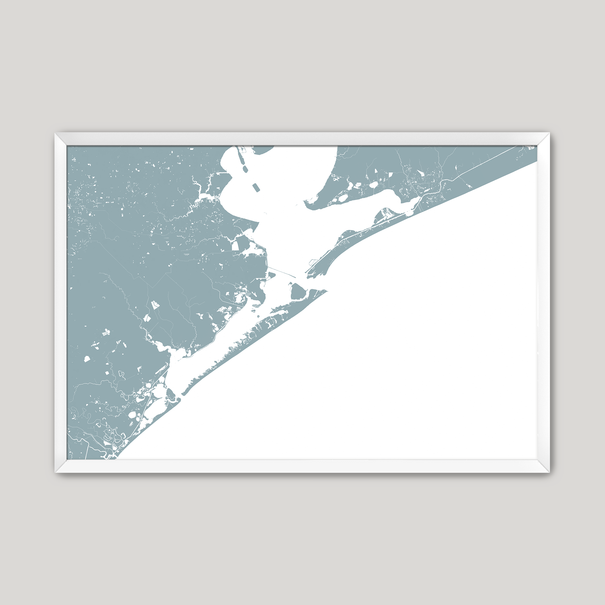 Galveston Coastal Map — Fine Art Print Horizontal, soft-blue, White Frame, 10x8
