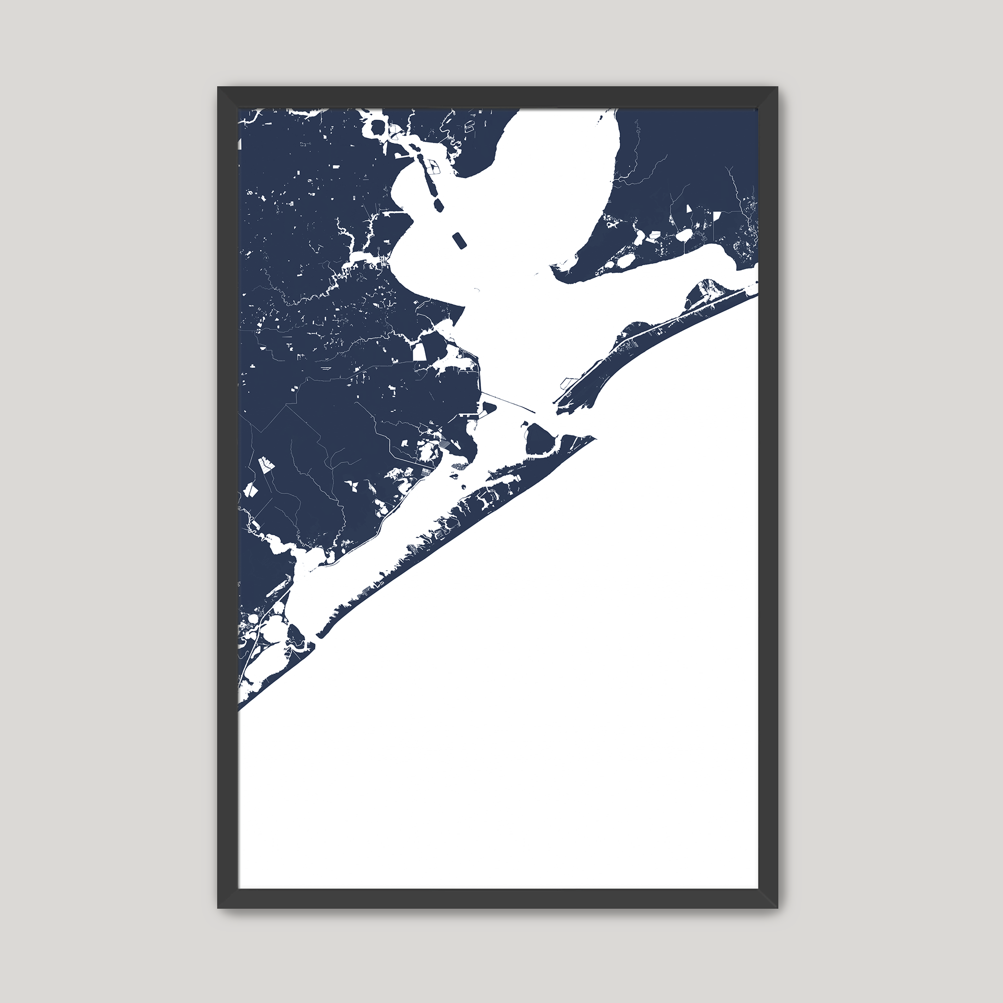 Galveston Coastal Map — Fine Art Print Vertical, navy, Black Frame, 8x10