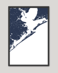 Galveston Coastal Map — Fine Art Print Vertical, navy, Black Frame, 8x10